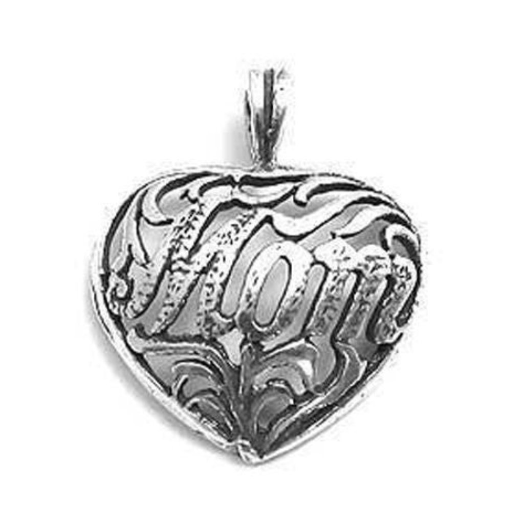 Beautiful "Mom" In Floral Script Heart Charm In Sterling Silver